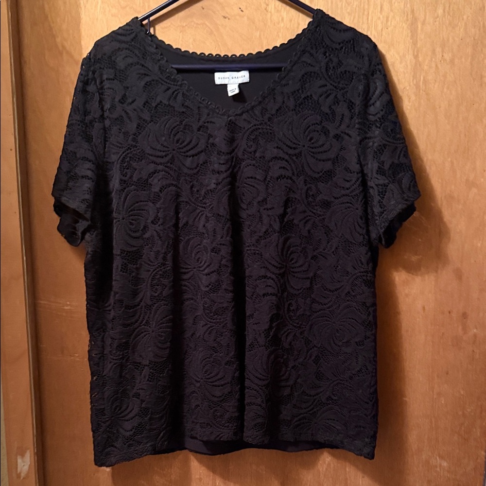 Susan Graver Black Floral Lace Short Sleeve Scoop Neck Top